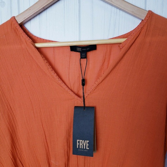 Frye Womens Top Size XS Split Neck Smocked Waist Short Sleeves in Orange Rust - Picture 6 of 12